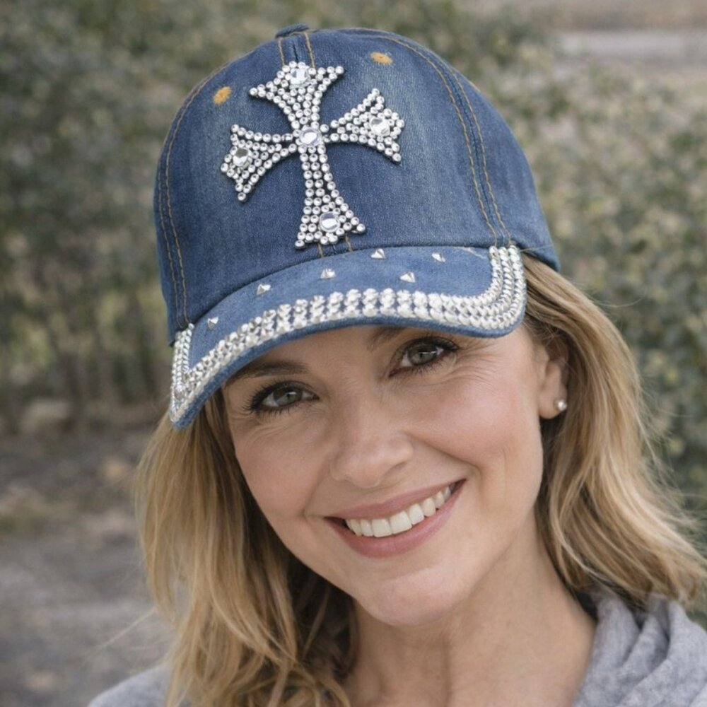 Denim Rhinestone Cross Baseball Cap Adjustable – Bling Embellished Hat